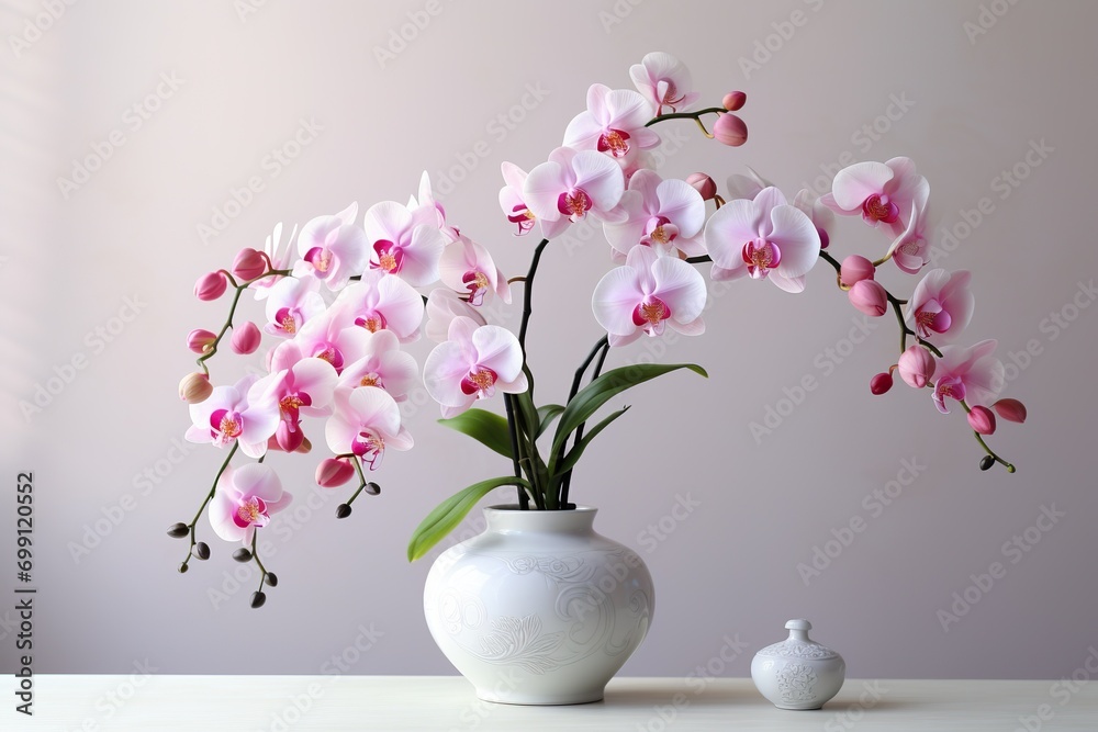 very beautiful orchid flowers in a vase on the table, white background