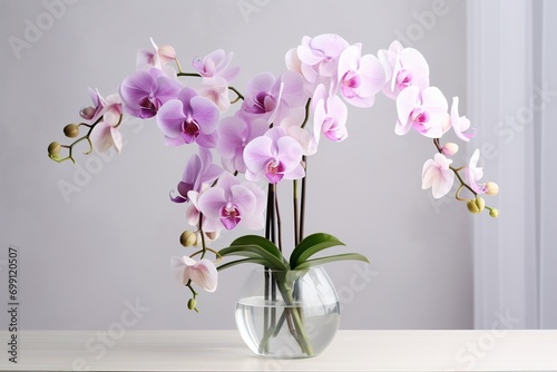 very beautiful orchid flowers in a vase on the table, white background