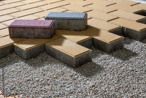 Pedestrian path with paver bricks. Sidewalk pavement