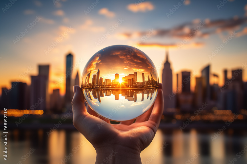 Glass orb capturing the view of a city landscape - obrazy, fototapety, plakaty 