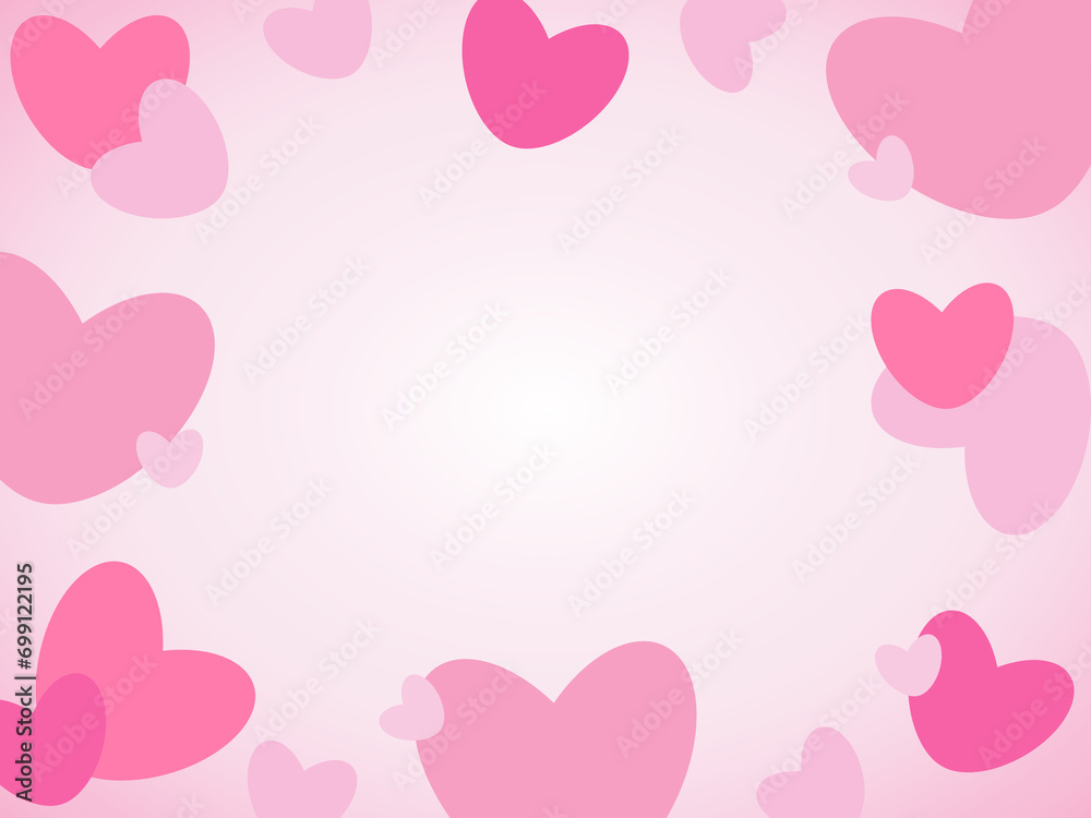 Festive background banner Valentine's day. Pink hearts on a pink background with space for text. Hand drawn vector cartoon illustration for wedding and anniversary. Mothers Day. Drawing with doodles.