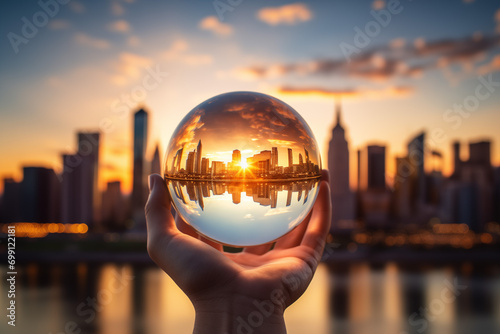 Glass orb capturing the view of a city landscape photo
