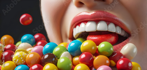 Close up of a woman's mouth surrounded by various candies and chocolates. Generative Ai
 photo