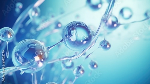 Cosmetic Essence, Liquid bubble, Molecule inside Liquid Bubble on DNA water splash background, 3d rendering. Generative AI.