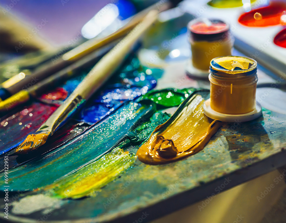 Fototapeta premium Paint brushes and palette with oil paints on a wooden table