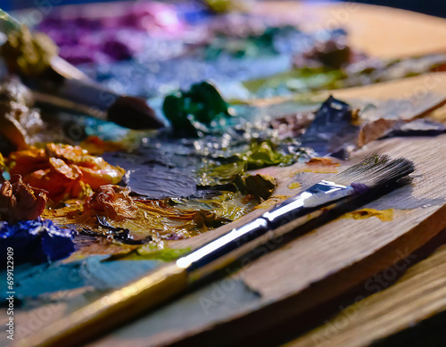 Paint brushes and palette with oil paints on a wooden table