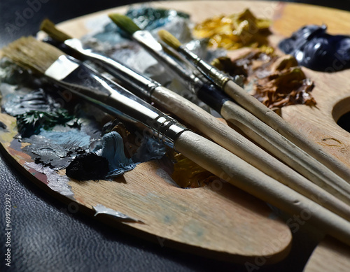 Paint brushes and palette with oil paints on a wooden table