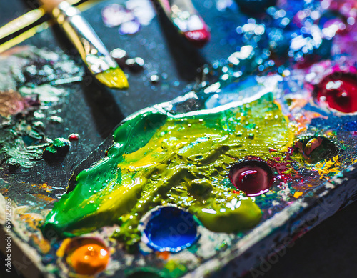 Paint brushes and palette with oil paints on a wooden table