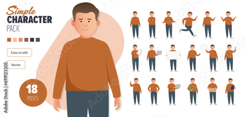Simple flat overweight male vector character in a set of multiple poses. Easy to edit and isolated on a white background. Modern trendy style character mega pack with lots of poses.