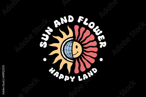 happy face with sun globe and flower illustration vector for merchandise
