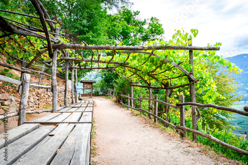 Hiking along the Marlinger Waalweg near Meran in South Tyrol Italy. With some Views over wineyards  the City of Meran  Marling and other Villages