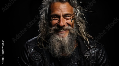 joyful young man with gray hair and beard in leather jacket lsmiling heartily