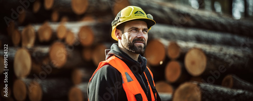 Lumberjack  standing in front of wood pile in forest. Logger man photo