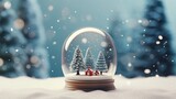 The snow globe inside has lighted houses, set against a bokeh background of falling snow