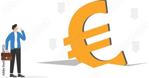 Euro economic recession, European Central bank stimulus policy concept, Euro currency symbol sinking into the sea with virus pathogens.

