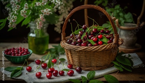 Freshly picked cherries in a stray basket arranged beautifully placed in a natural backdrop. An organic shot - AI Generative