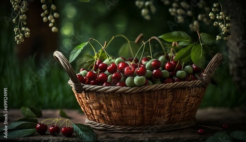 Freshly picked cherries in a stray basket arranged beautifully placed in a natural backdrop. An organic shot - AI Generative