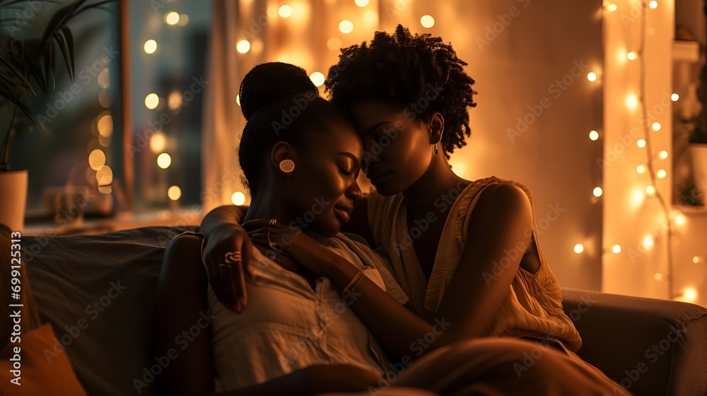 Loving couple of two black women sitting on the sofa in a romantic atmosphere