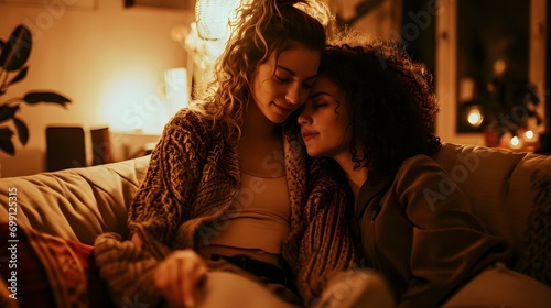 Loving couple of two women sitting on the sofa in a romantic atmosphere