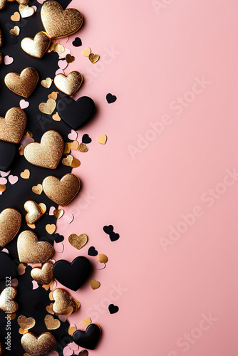 black and golden hearts on a soft pinkb  ground with space for text, valentines background