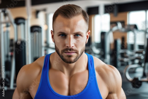 selective focus of handsome young sportsman looking at camera in gym