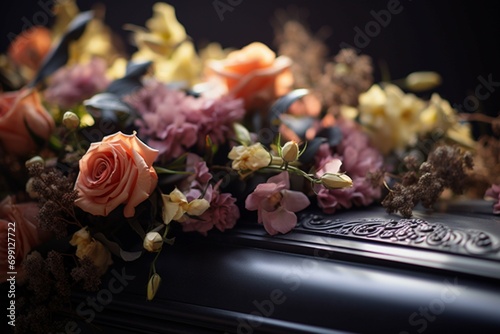 Grief captured Close up of funeral flowers on a solemn coffin photo