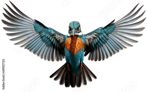 Mid-flight Majesty Vibrant Kingfisher Bird Isolated on Transparent Background PNG.