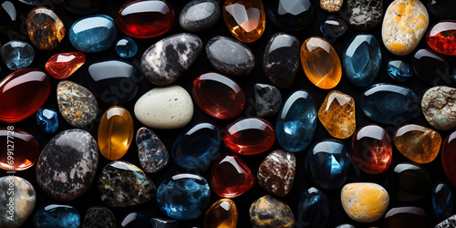 Illustration of small bountiful stone pebble stones on a black background, AI Generative