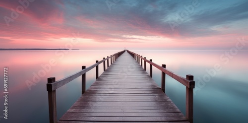  a wooden pier over a calm lake during sunrise