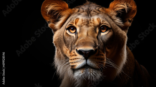 Portrait of a lioness on a black background