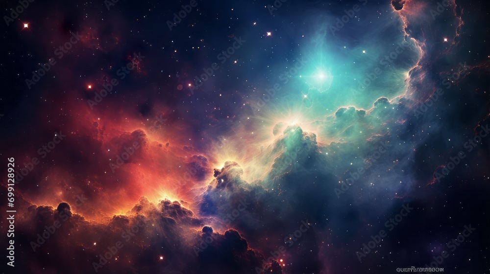 Vibrant celestial scene with stars and clouds swirling in a mesmerizing display of color