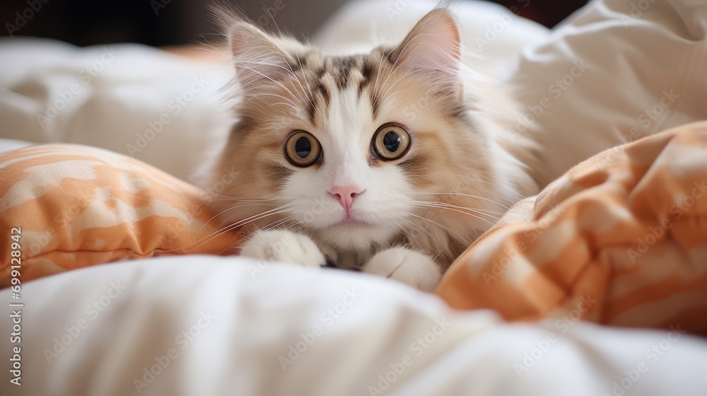 A cat making biscuits on a fluffy pillow with intense focus