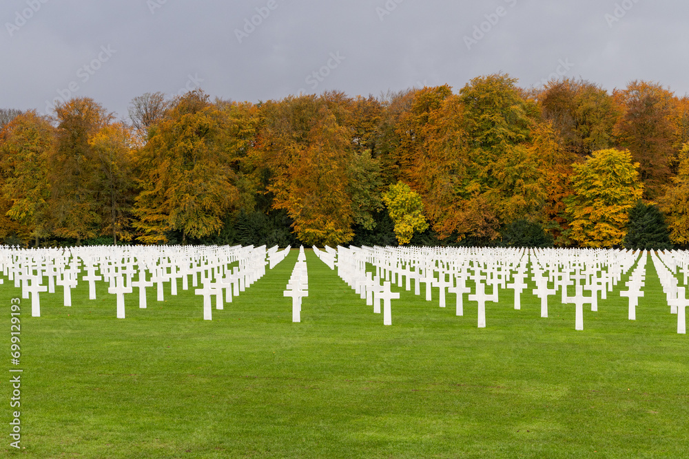 Photo of a portion of the American cemetery in Luxembourg in the fall