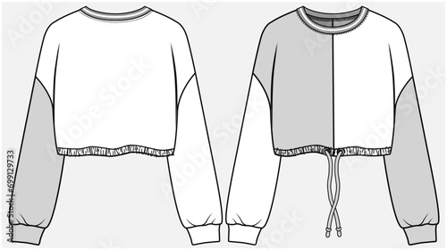 CROP SWEAT TOP WITH CONTRAST CUT AND SEW PANEL DETAIL DESIGNED FOR TEEN GIRLS AND KID GIRLS IN VECTOR ILLUSTRATION FILE