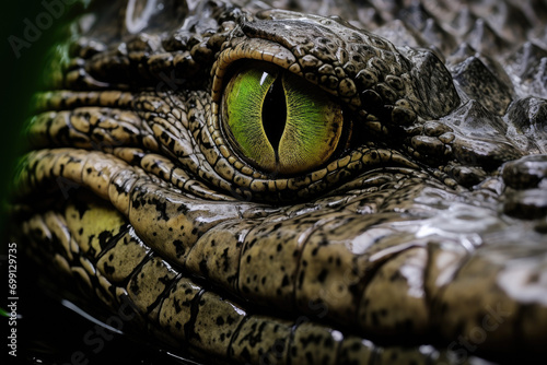 crocodile sitting in water with eyes open