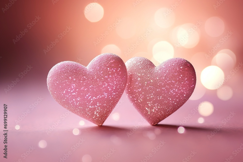 Two hearts on a pink background with glitters and bokeh of light