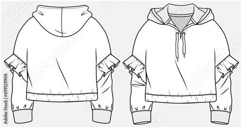 DROP SHOULDER HOODIE WITH FRILL DETAIL DESIGNED FOR TEEN GIRLS AND KID GIRLS IN VECTOR ILLUSTRATION FILE