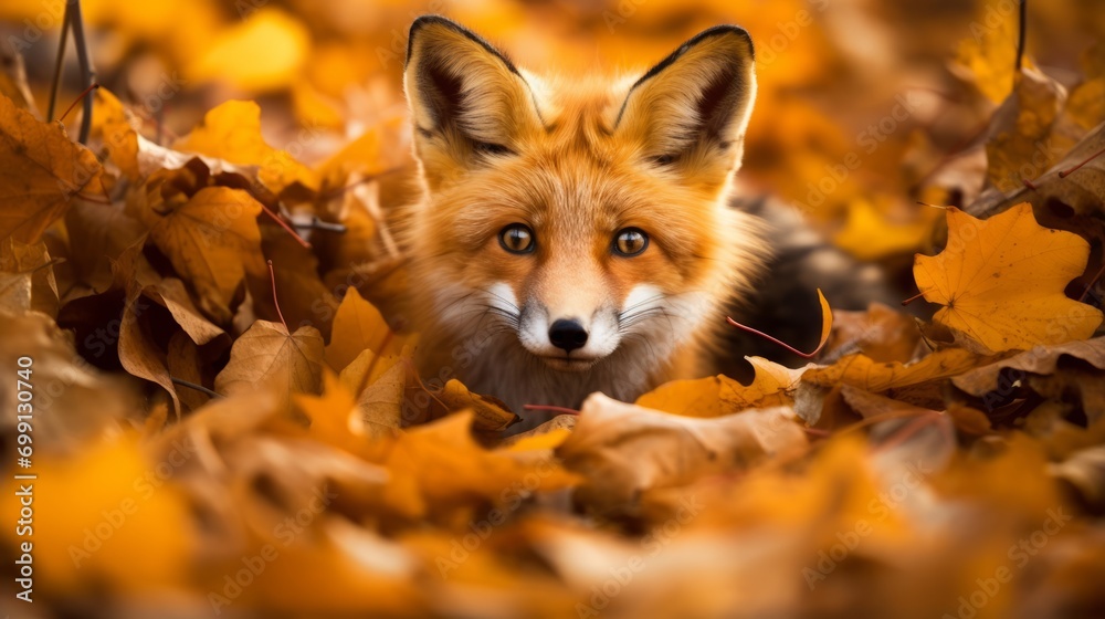 Fox in a natural habitat surrounded by autumn leaves Fox in a natural habitat surrounded by autumn leaves