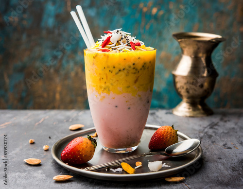 Falooda / Faluda is a popular Indian dessert - Strawberry and Mango flavoured which has Ice cream, noodles, sweet basil seeds and nuts, selective focus photo