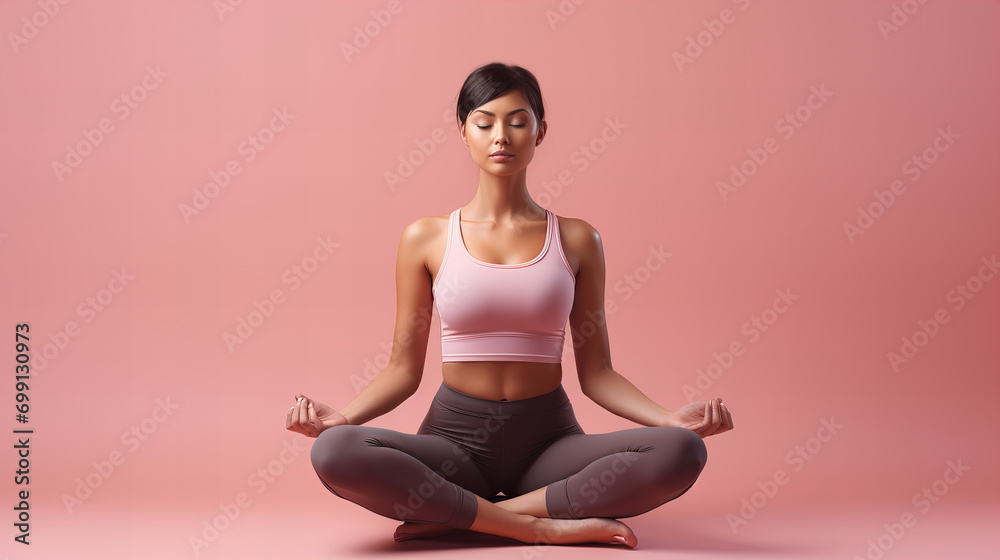 Woman doing yoga exercises, zen style, meditation on yoga mat, Relaxing and Doing Yoga. Wellness and Health lifestyle, 8 March, Valentine day, Birthday party, International women day