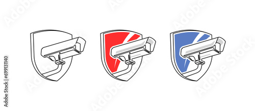 Linear outdoor security system with shield vector design. CCTV, security camera graphic design