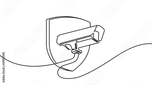 Continuous one line drawing of outdoor security system with shield vector design. Single line art illustration on the theme of CCTV, security camera on transparent background