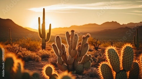 Desert landscape with cacti illuminated by the warm tones of sunset