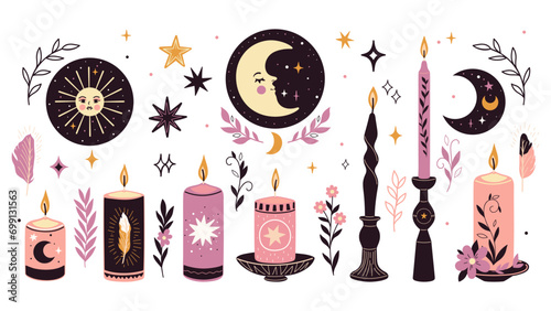 Magic set of candles and candles in candlesticks isolate on a white background. Vector graphics.