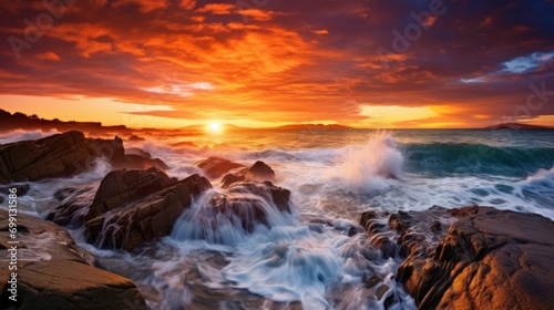 Dramatic coastal scene with crashing waves and a fiery sunset