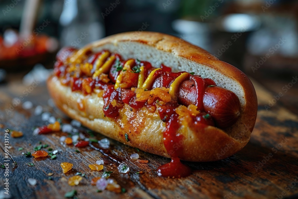 Classic tasty hotdog with some extras - obrazy, fototapety, plakaty 