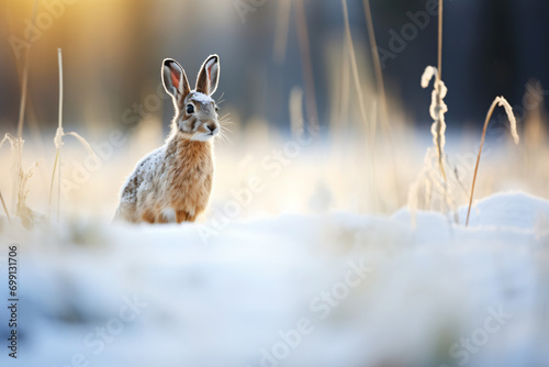 A rabbit gracefully hops through the snow-covered field on a winter day photo