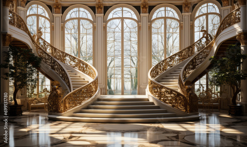 Grandiose double staircase in a luxurious palace with sunlight streaming through large windows photo