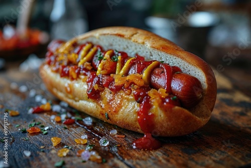 Classic tasty hotdog with some extras photo