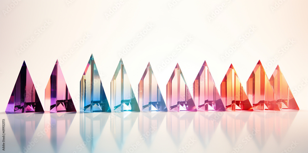 Glass geometric figures prisms. Abstract background with closeup shot of glossy crystal block with multicolored gradient reflection on blurred mirror surface.